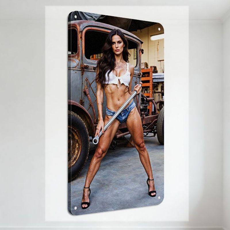 Muscular Woman with Pipe Wrench Vintage Garage Metal Tin Sign, Retro Rustic Truck Workshop Industrial Art Decor for Man Cave Bar