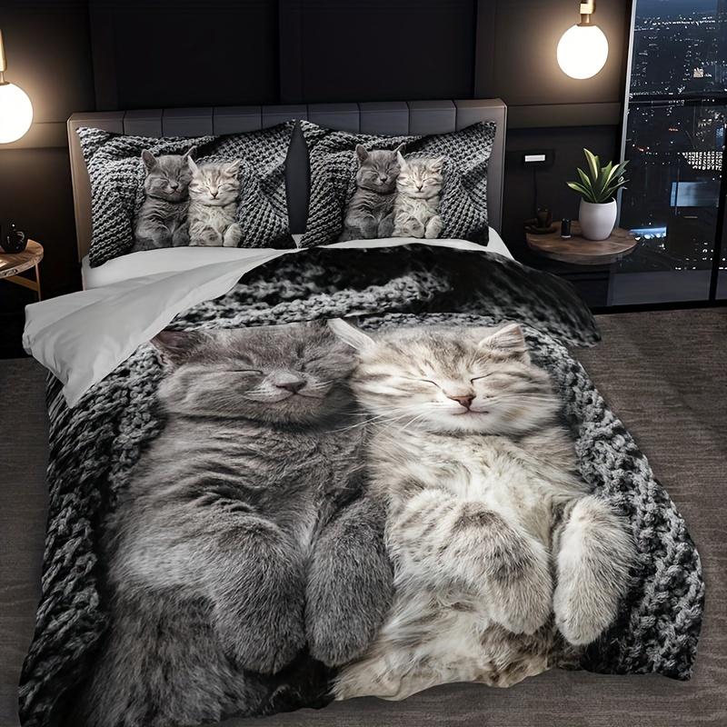 3 шт. Коллекция пододеяльников с животными-кошками 3D Милый питомец Кошка HD Печать Постельное белье Домашнее использование Общежитие