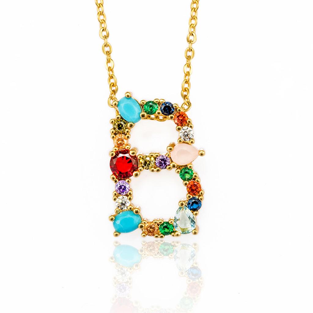 Women Large Initial Colorful Rhinestones Gold Plated Necklace 26 Letter Pendant
