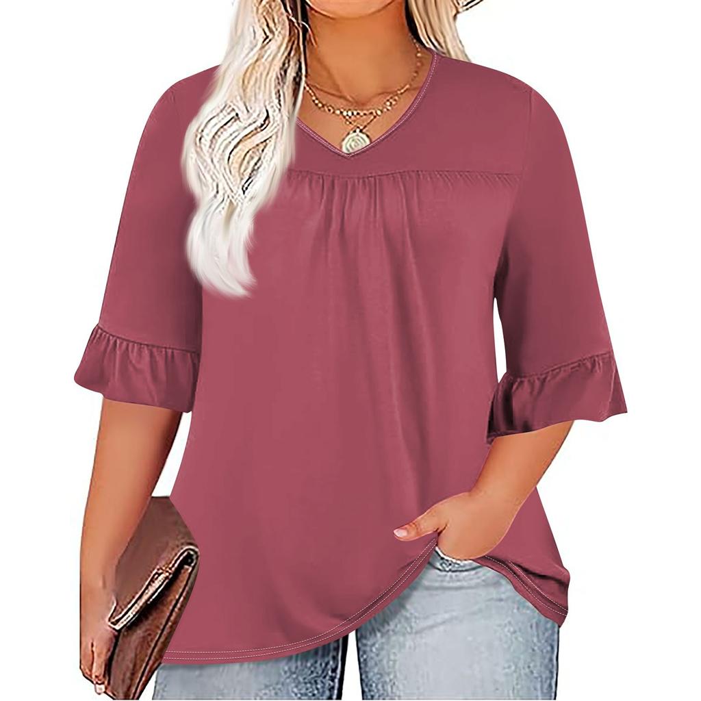 Женская модная повседневная однотонная футболка с v-образным вырезом и принтом, плиссированная футболка с рукавами семь минут, топы больших размеров
