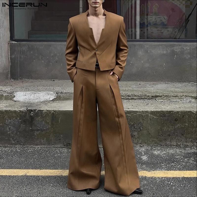INCERUN Men Striped Sets Cutout Cropped Tops and Long Pants Trousers Casual Suits