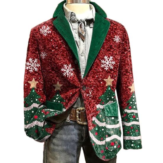 Пиджак Костюм Вельветовая Зимняя Куртка Приталенный Однобортный Пиджак Лацкан Длинный Рукав 3D Принт на Рождественскую Тематику Верхняя Одежда