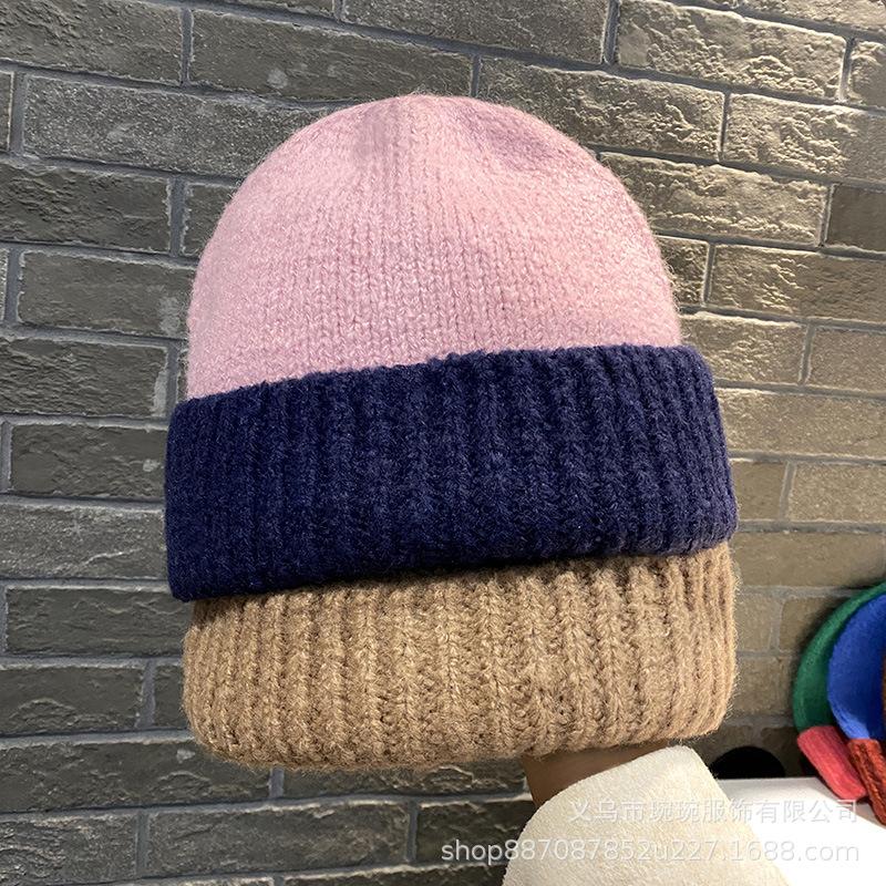 New color matching wool hat women's fashion autumn and winter simple knitted hat versatile face small big head circumference cold hat