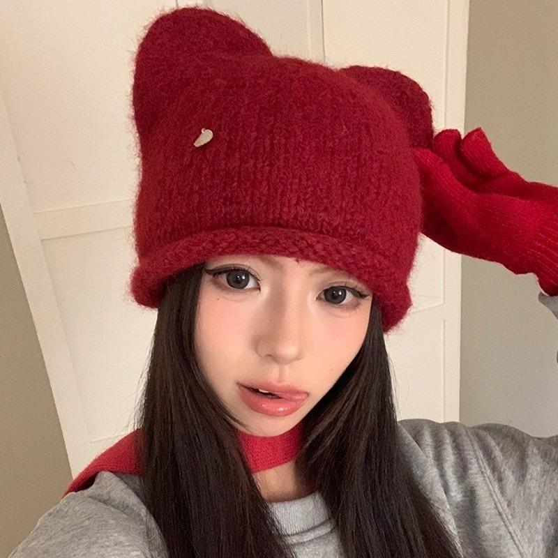 Cute Cat Ear Plush Knit Beanie Hat For Women Autumn Winter Warm
