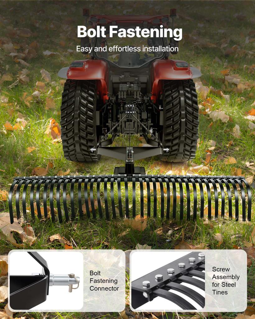 VEVOR Tow Behind Dethatcher, 183 cm Tow Dethatcher with 36 Steel Tines, 3-Point Lawn Dethatchers Rake with Attachments for Tractor