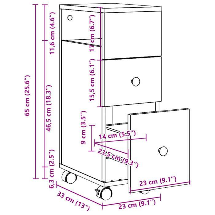 VidaXL Meuble étroit de salle de bain à roulettes chêne sonoma, rangement de salle de bain étroite, rangement de salle de 855234