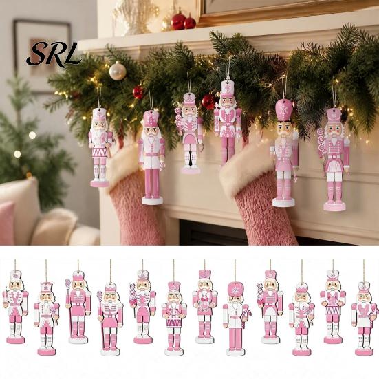 Vintage Style Holiday Hanging Charms Pink Wooden Nutcracker Ornaments for Christmas Tree Decorations, Soldier Pastel Decorations Home Pendants