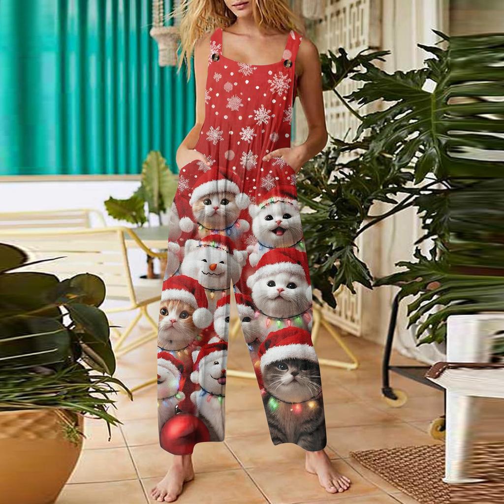 Женский повседневный комбинезон с рождественским принтом, хлопковый комбинезон без рукавов с принтом