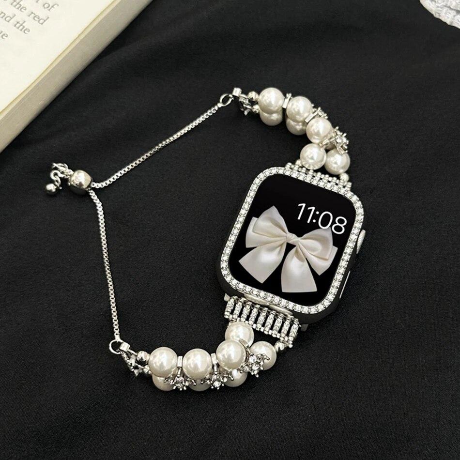 Luxury Metal Strap + Case For Apple Watch Series 9 8 7 6 5 SE 4 38/40/41/42/44/45mm Diamond Pearl Bracelet Band For iWatch UItra 2 49mm