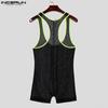 INCERUN Men Sleeveless Patchwork Lace See Through Mesh Playsuit Jumpsuits