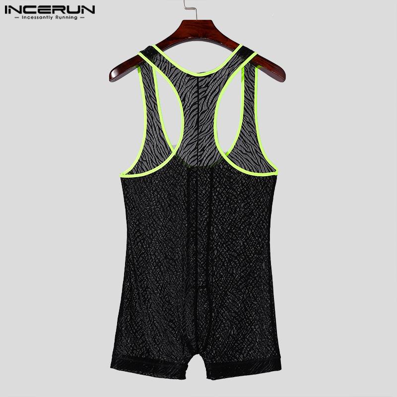 INCERUN Men Sleeveless Patchwork Lace See Through Mesh Playsuit Jumpsuits