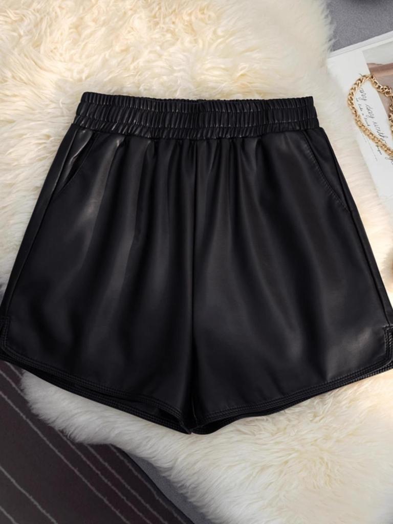 Женские шорты А-силуэта из искусственной кожи с высокой талией на осень/зиму 2023 года — облегающие, модные широкие брюки-ботфорты