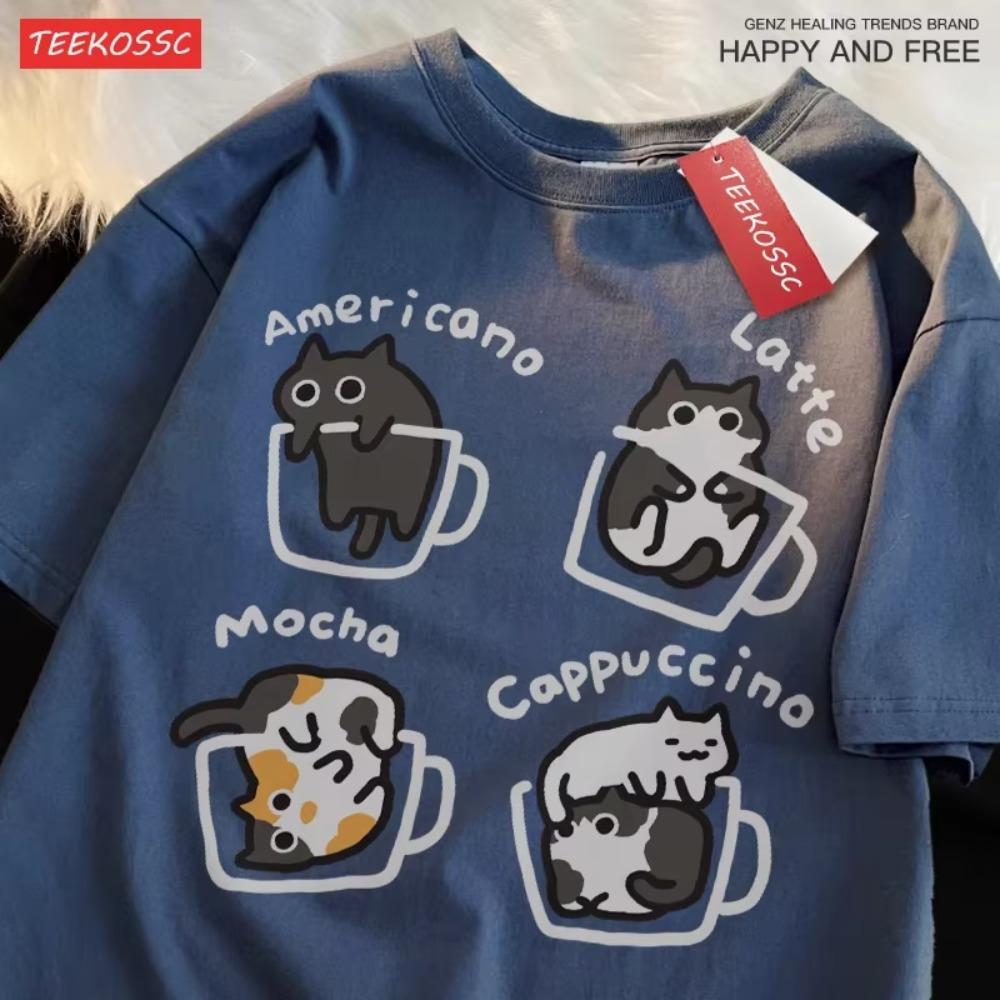 Футболка Cat Coffee Pure Cotton Trendy Summer Free Short Sleeves для мужчин и женщин Original Mocha Latte Cat Three Flowers Fun Cat Tees