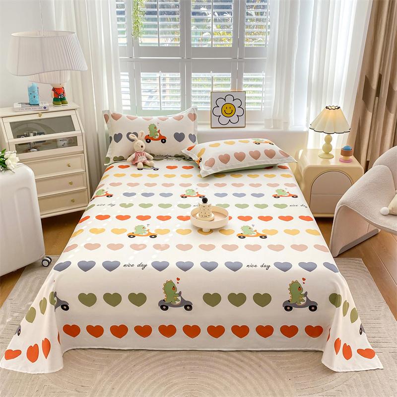 Cute Cartoon Panda Flat Sheet Kawaii Love Heart Bed Sheet Set for Girls Boys Room Decor Cotton Twin Bed Cover with 2 Pillowcase