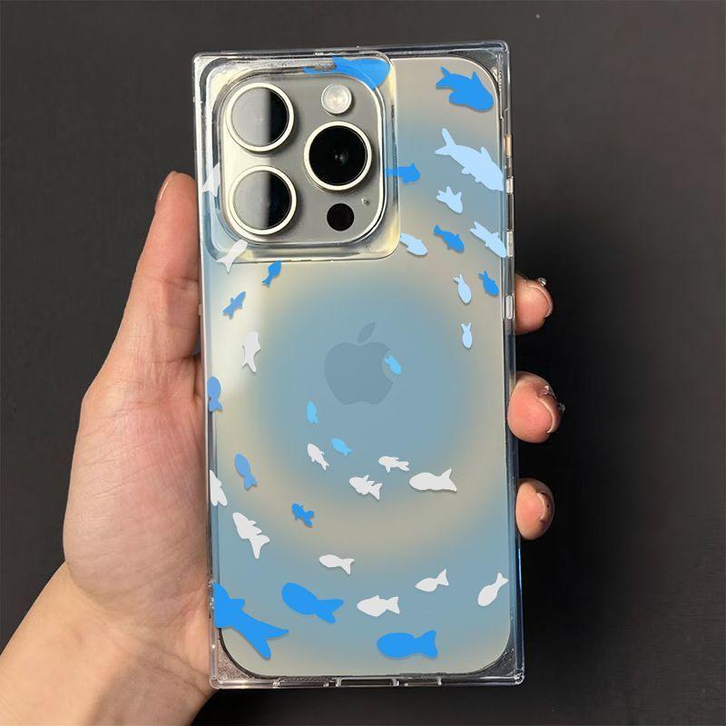Мечтательный Синий Вихрь Маленькая Рыбка Чехол для Телефона Для iPhone 17 16 15 14 13 12 11 Pro Max PLUS Air INS Прозрачный Прямоугольный Мягкий Чехол