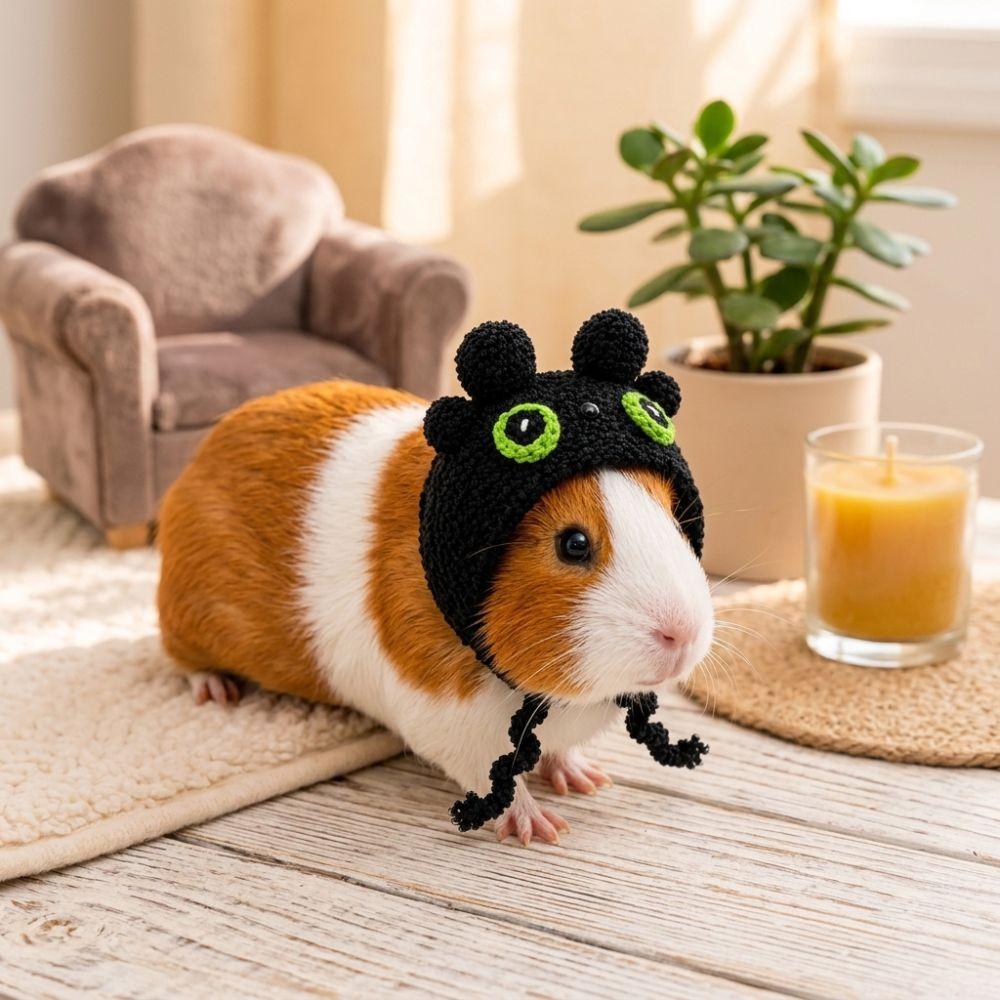 Bear-Shaped Guinea Pig Costume Hat Adjustable Ties Hamster Knitted Hat Holiday Party