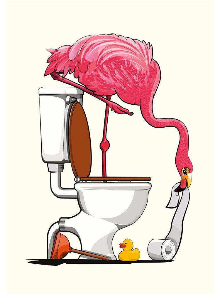 Забавный розовый фламинго с головой в туалете, постеры, холст, картина, скандинавское животное, настенная художественная картина для современной ванной комнаты, украшение для дома