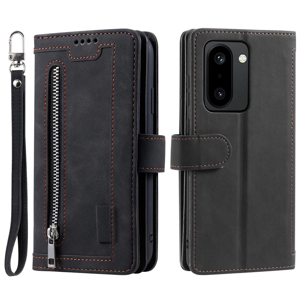 For OnePlus 15R 5G Case 9 Card Slots Zipper Wallet PU Leather Phone Cover with Wrist Strap