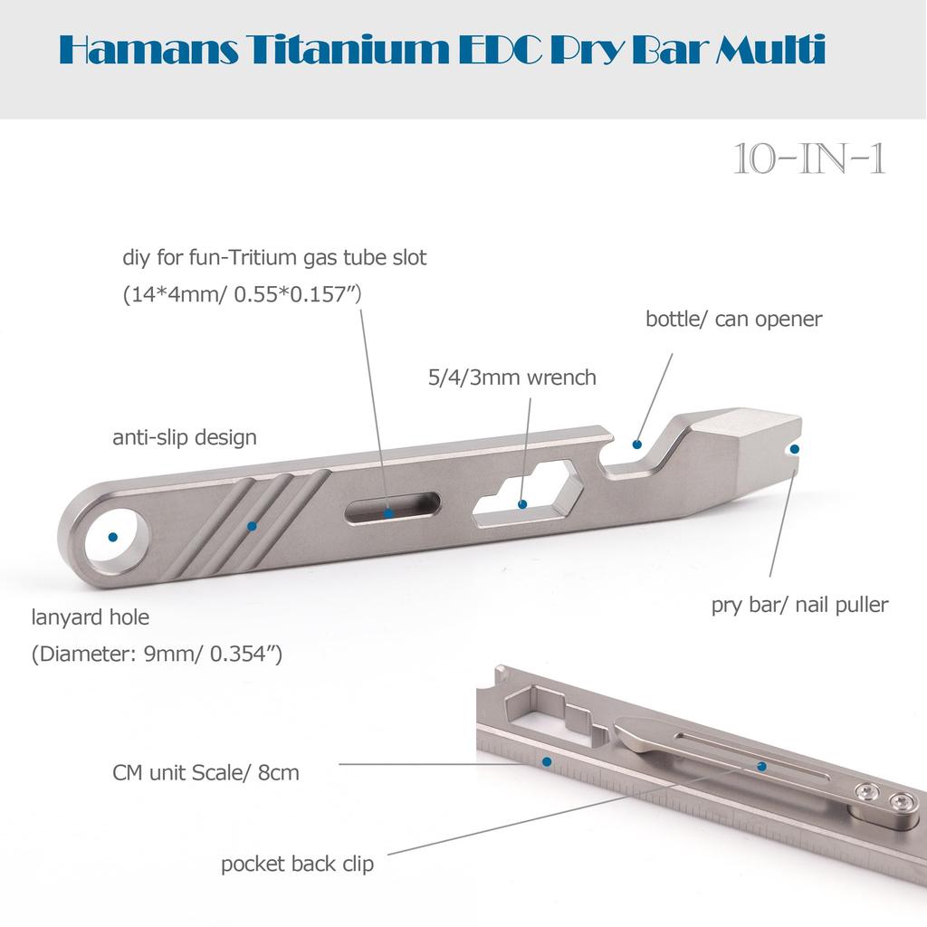 Hamans EDC Prybar Bottle Opener Titanium EDC Prybar Gear Mutitool CM Unit Scale Wrench with Clip 10-in-1