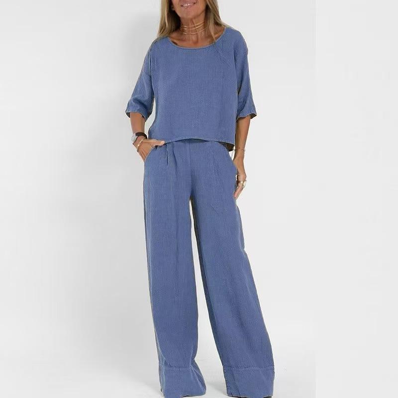 YYFS Женская мода повседневная летняя весна однотонный принт рукава 1/2 О-образный вырез брюки брюки костюмы