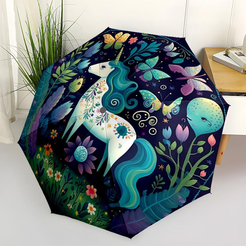 1pc Fantasy Unicorn Automatic Open/Close Umbrella, Windproof, Folding Compact Umbrella with Lightweight Design for Women/Men066