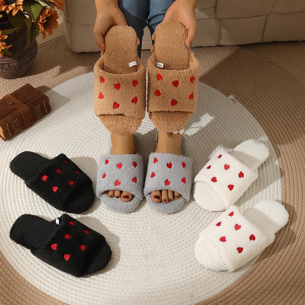 Открытые красные домашние хлопковые тапочки с изображением сердца, плюшевая мягкая подошва, простой дизайн, модные, нескользящие, для пола, хлопковые