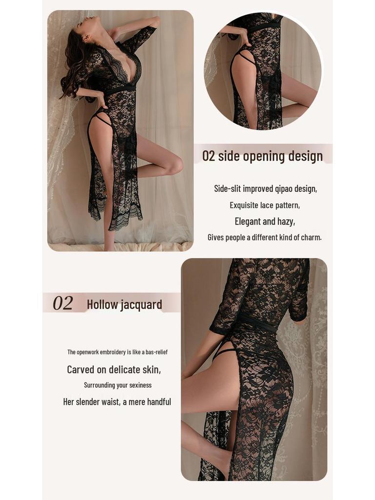 Elegant Lace Temptation Long Dress with Side Slit - Women's Sexy Nightgown Sleepwear