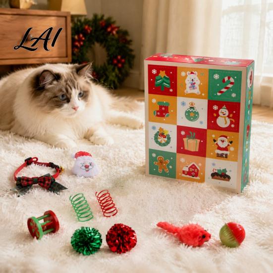 Holiday Pet Gift Box Christmas Cat 12 Days 2026 Advent Calendar Toys Set Countdown Festive for Lovers with Interactive Mice Balls