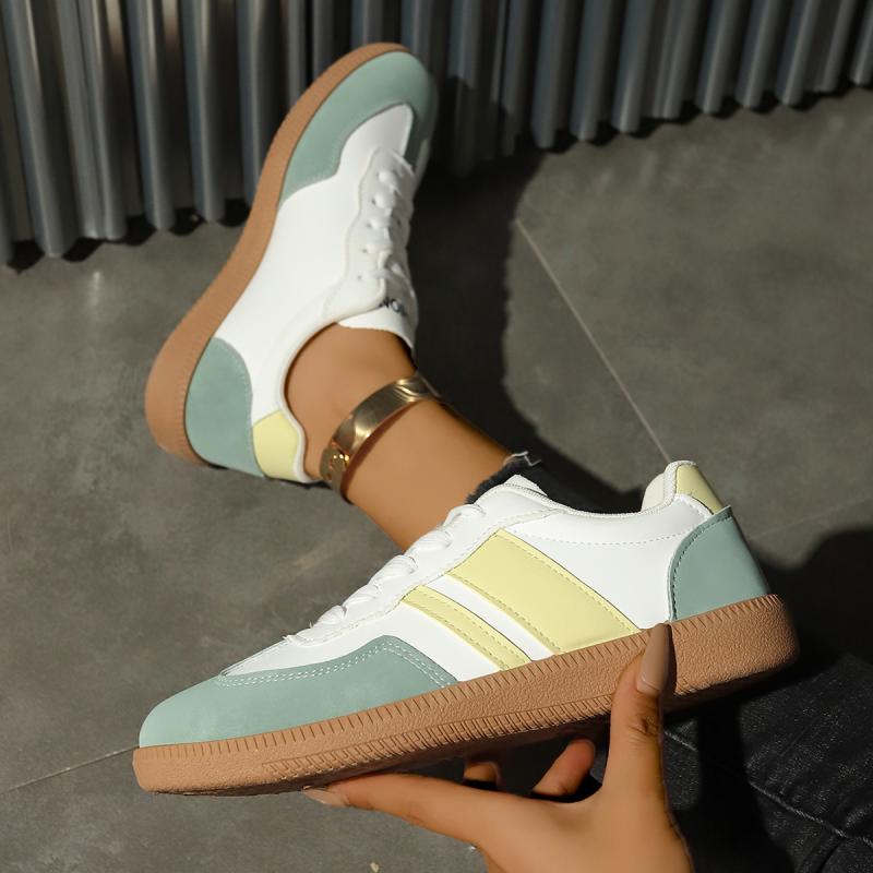 Мода Мода Пэчворк Шнуровка Декоративная Строчка Кроссовки Женские Осенние Повседневные С Круглым Носком На Низком Каблуке Обувь Нескользящая Обувь для Скейтборда