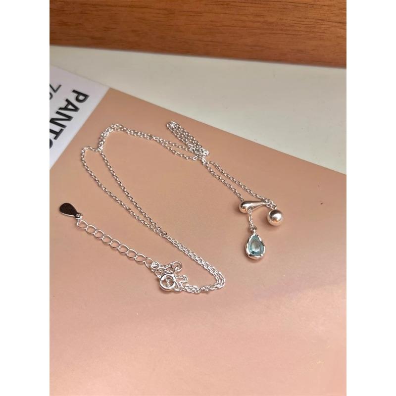925 Sterling Silver Blue Water Drop Necklace Adjustable Clavicle Chain Ins Silver Necklace