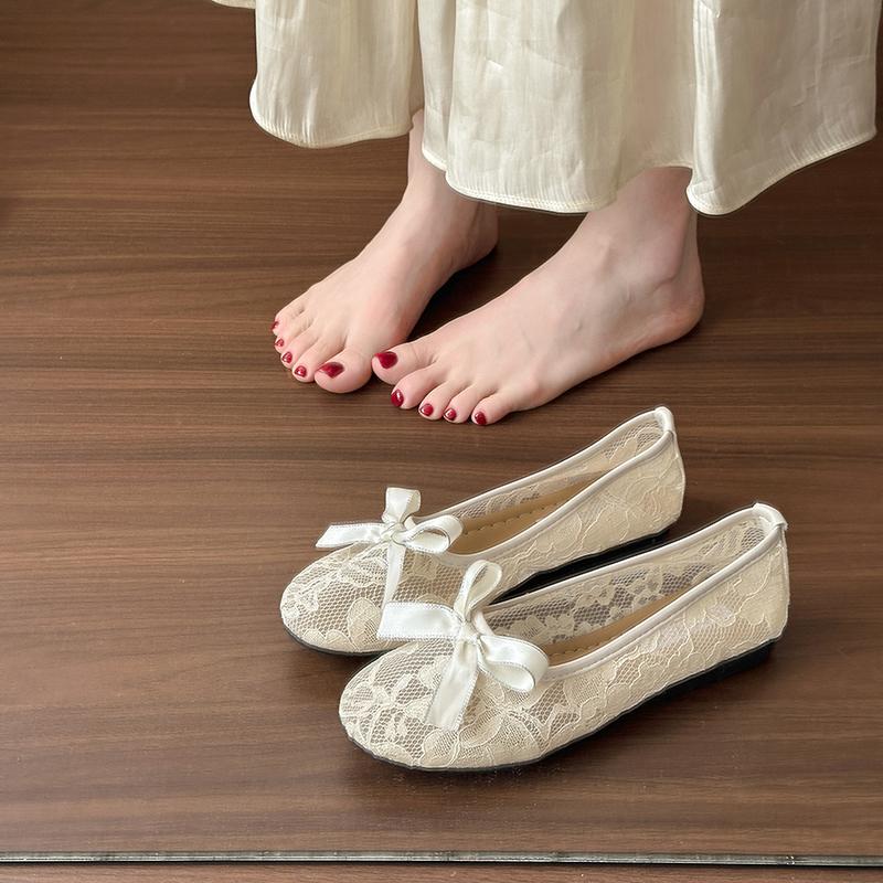 Мода 2025 Новые женские туфли-лодочки с круглым носком, мелким вырезом, бантом, сеткой и кружевом, дышащие, на мягкой подошве, плоские, сетчатые, весенне-летние, новые