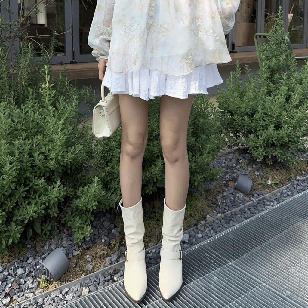 Cowhide Version Pointed Thick Heel White Short Boots Women's 2025 New British Style Belt Buckle Martin Boots Medium Tube Stacking Boots