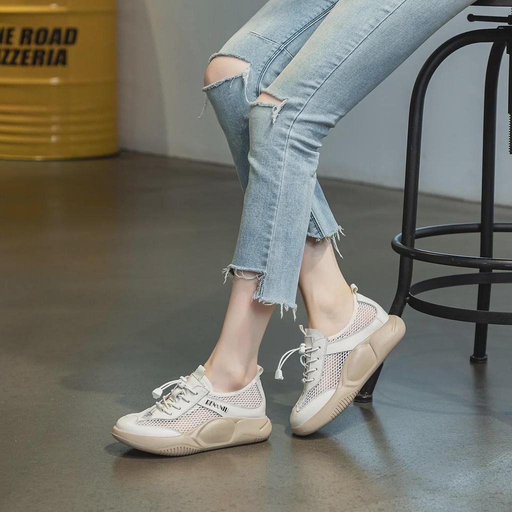 2025 Spring/Summer Women's Soft Thick-Soled Cowhide Mesh Slip-On Flats