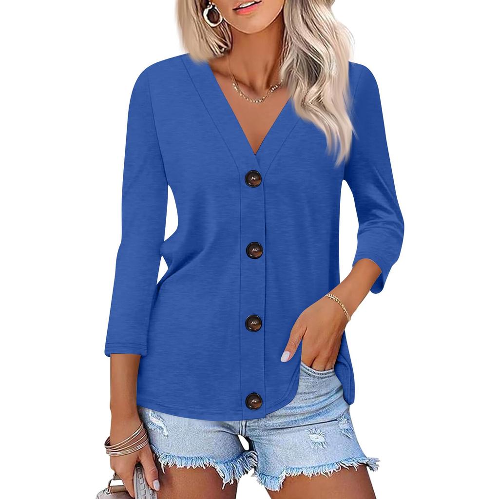 Women's Fashion Casual Print Button-down Shirt 3/4 Long Sleeve Tops