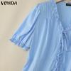 VONDA Women V Neck Puff Sleeve Buttons Up Ruffled Solid Casual Blouse