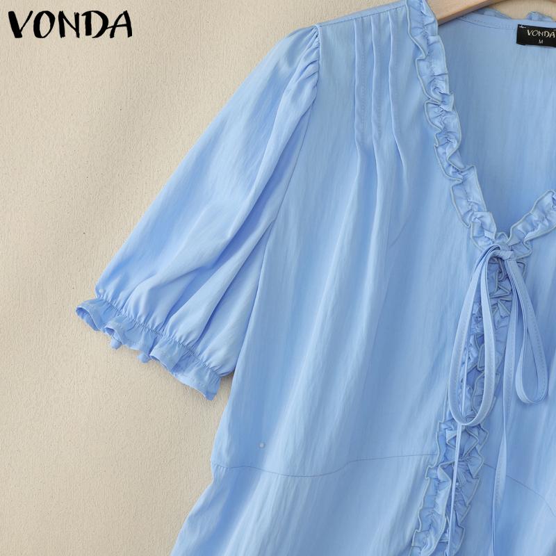 VONDA Women V Neck Puff Sleeve Buttons Up Ruffled Solid Casual Blouse