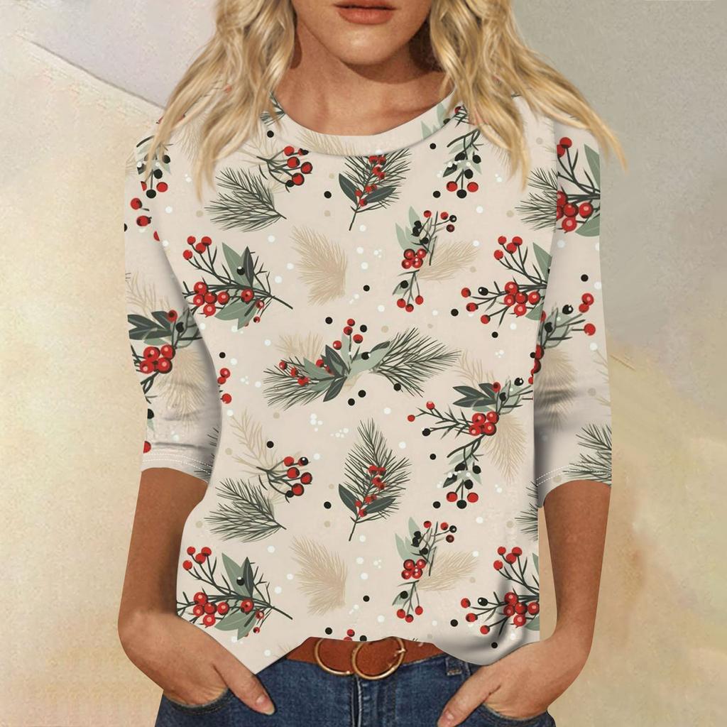 Women's Fashion Casual Seven Sleeve Christmas Printed Round Neck Top