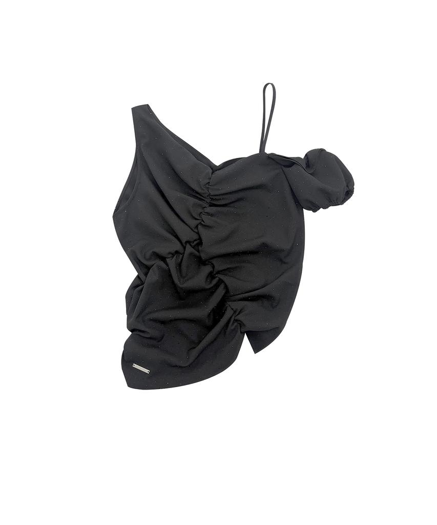 HOLYNUMBER7 One-Shoulder Shirred Blouse _ Black