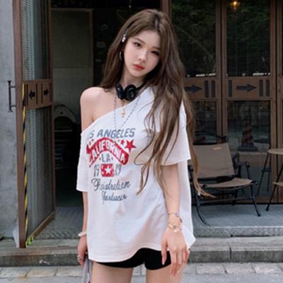 Летняя новинка Pure Desire Wind Slant Shoulder Spicy Girl Pure Cotton Футболка с короткими рукавами для женщин Свободный и тонкий универсальный дизайн Топ для женщин