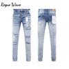 RogueWave American Men's Jeans Paint Hole Trend Low Rise Skinny Denim Pants Pleated Solid Trousers