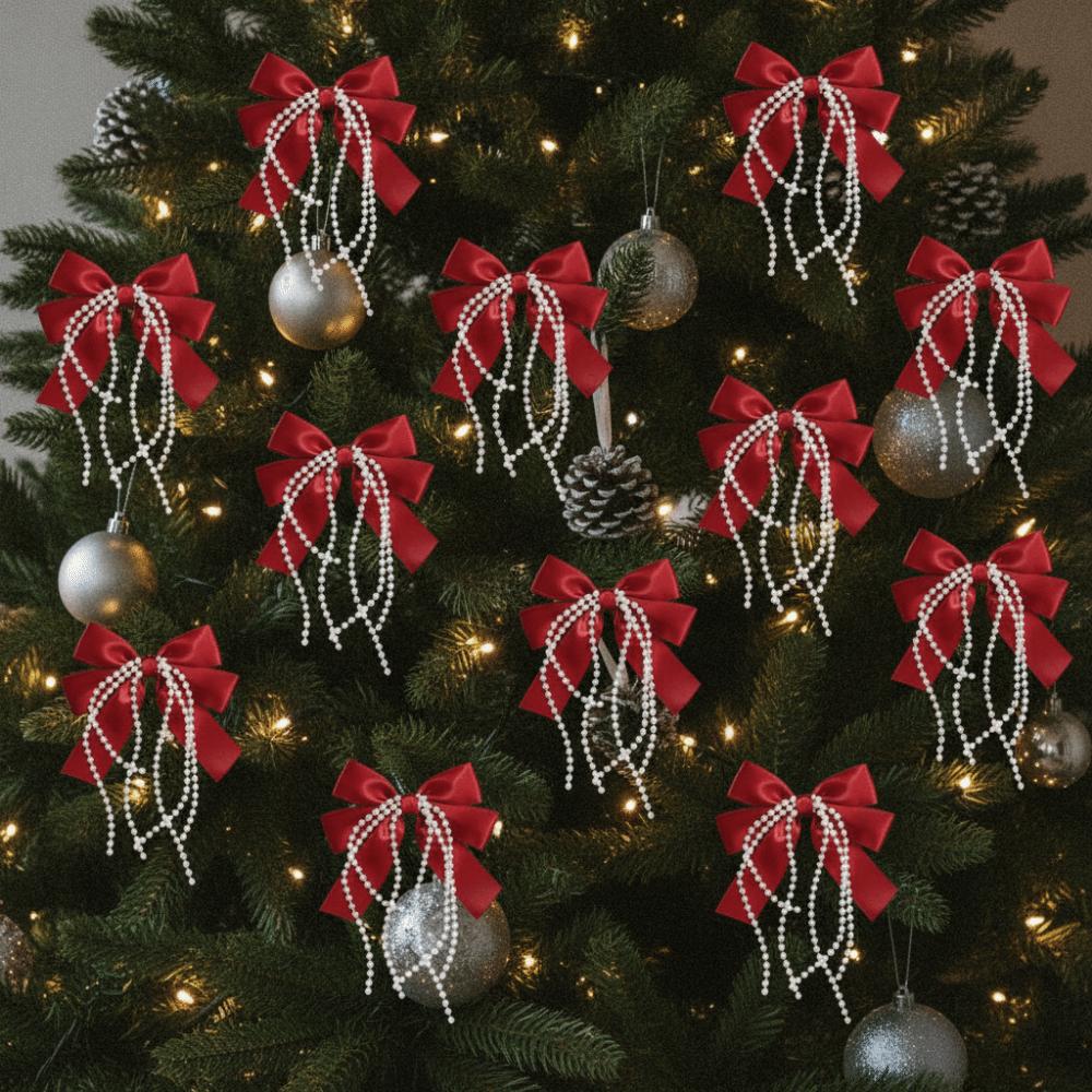 12Pcs/Set Creative Christmas Bow Decoration Ribbon Elegant Christmas Tree Topper DIY with Tassel Bowknot Pearl Hanging Pendant