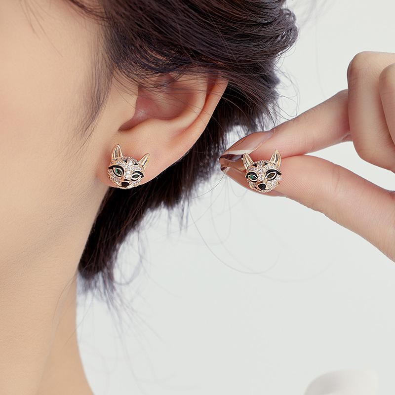 Full Diamond Zircon Fox Stud Earrings Gold High-End Light Luxury Earrings Cute Design Earrings Women