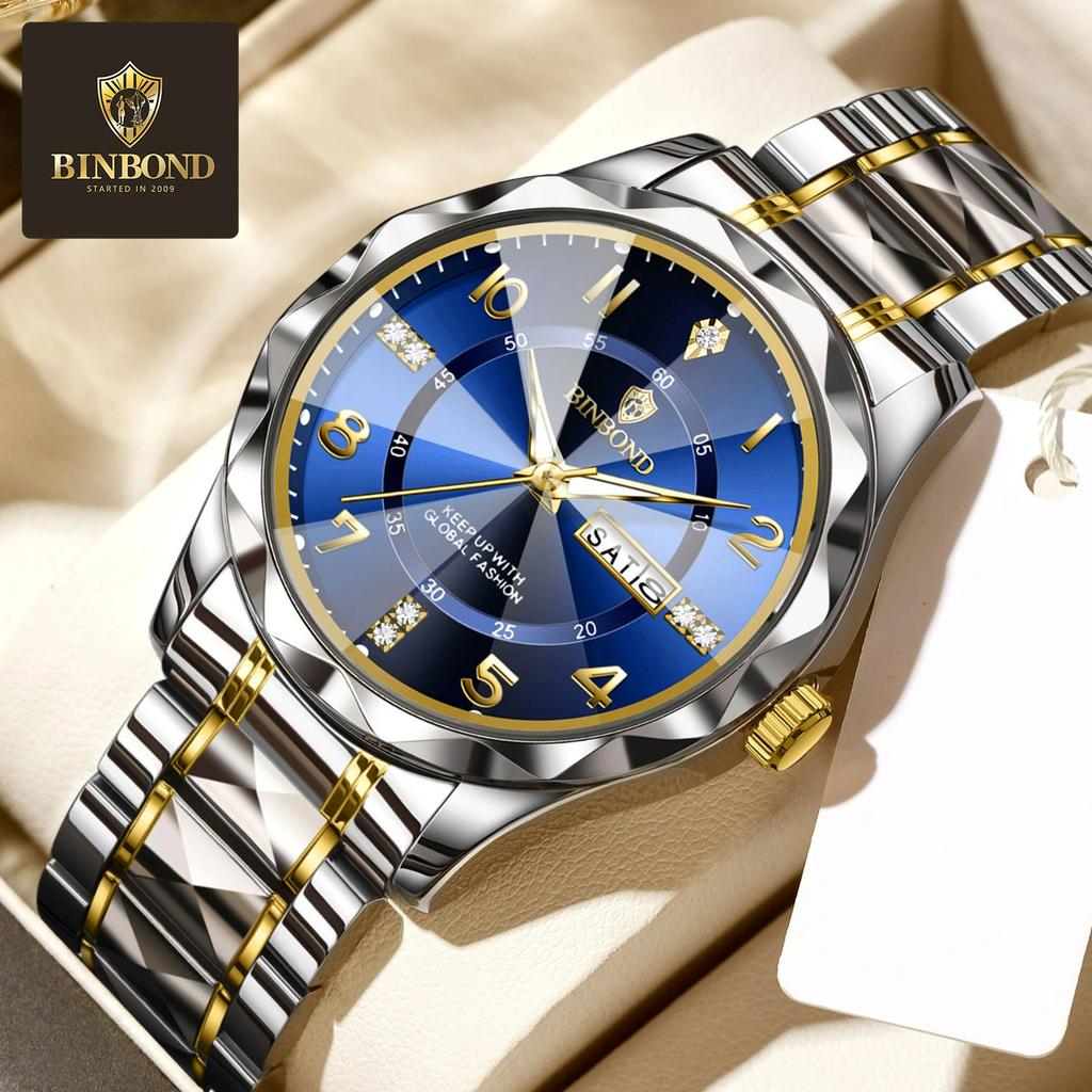 BINBOND Luxury Men Quartz Watch Waterproof Date Week Luminous Wristwatch Stainless Steel Men's Watches Male Clock