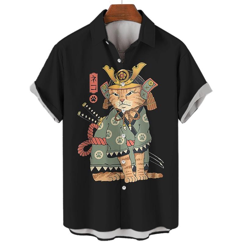 Повседневная гавайская рубашка мужская японская рубашка с 3D-узором Bushido мужские рубашки мультяшные животные кошка 3D-печать мужская рубашка мужская одежда