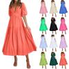 Puff Sleeve Vacation Dress For Women Summer Deep V Neck Casual Short Sleeve A-Line Maxi Dresses