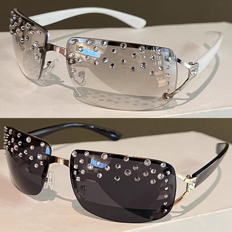 American Sweet Cool Frameless Diamond Studded Sunglasses for Women Rhinestone Shining Sun Glasses Blue Light Blocking Glasses