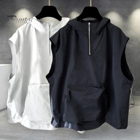 Мужской летний жилет с капюшоном на молнии и половиной планки без рукавов в стиле хип-хоп, жилет, однотонный быстросохнущий жилет с большими карманами
