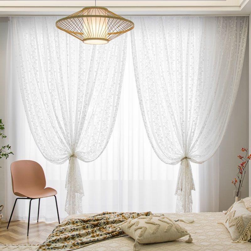 Элегантная белая кружевная прозрачная занавеска с цветочным узором - полупрозрачная полиэстеровая ткань для гостиной, спальни или балкона