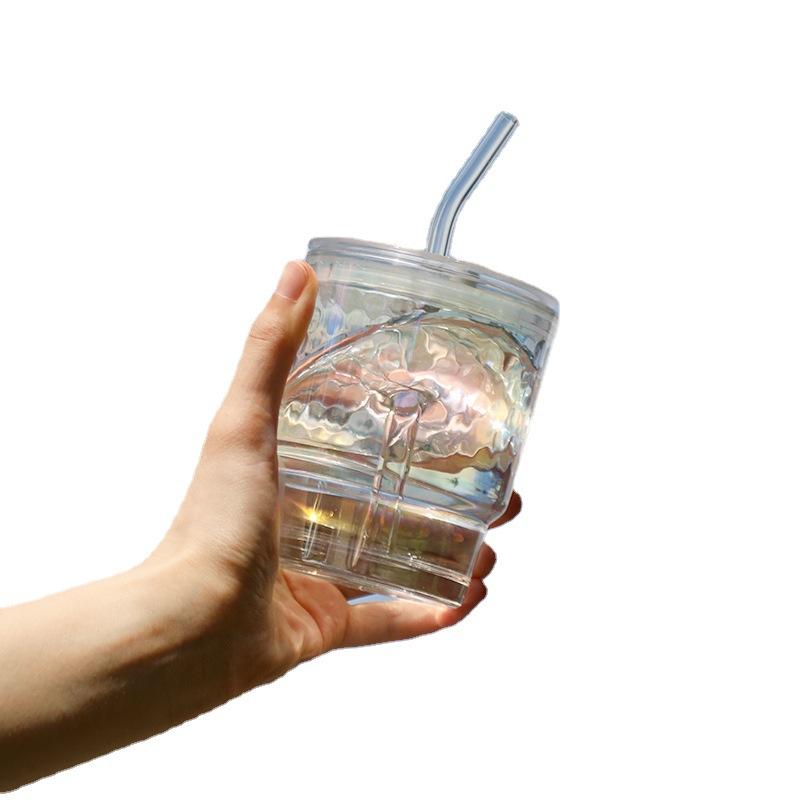 Цветная лазерная бамбуковая чашка, офисная стеклянная чашка для воды, бытовая простая чашка для напитков и кофе с крышкой, прозрачная чашка с соломинкой