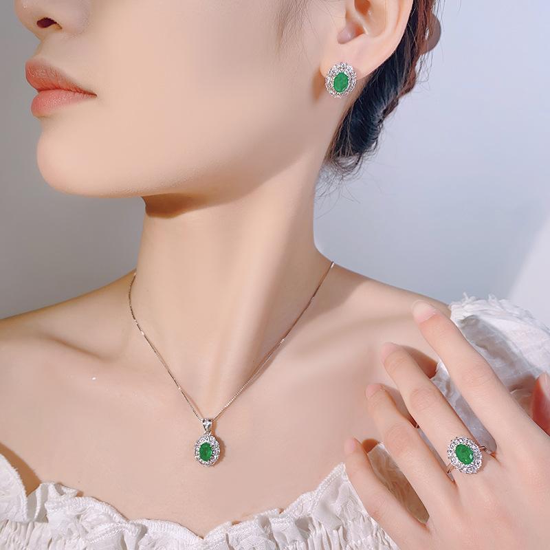 Huayue Jewelry Set S Silver Needle Earrings Necklace Simulation Paraiba Emerald Female